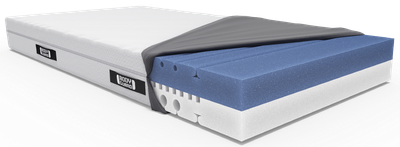 Matelas BODYGUARD® partiellement ouvert, montrant les différentes couches internes : une mousse bleue et blanche. La housse grise est partiellement retirée.